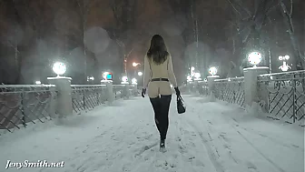 Jeny Smith naked in snow devour walking through the city