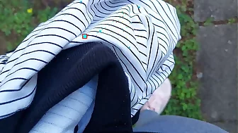 In a public park your stepsister can't hold back and pisses herself completely, streaming her leggings