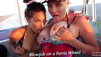 Must See! Risky Public Double Blowjob on a Ferris Wheel with Teen & MILF